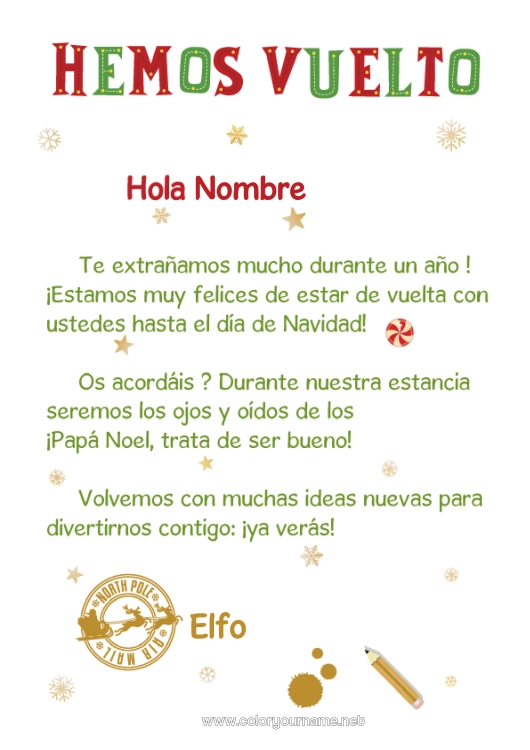 Dibujo para colorear para imprimir Elfos de navidad Cartas de elfos bromistas Carta de Llegada del Elfo