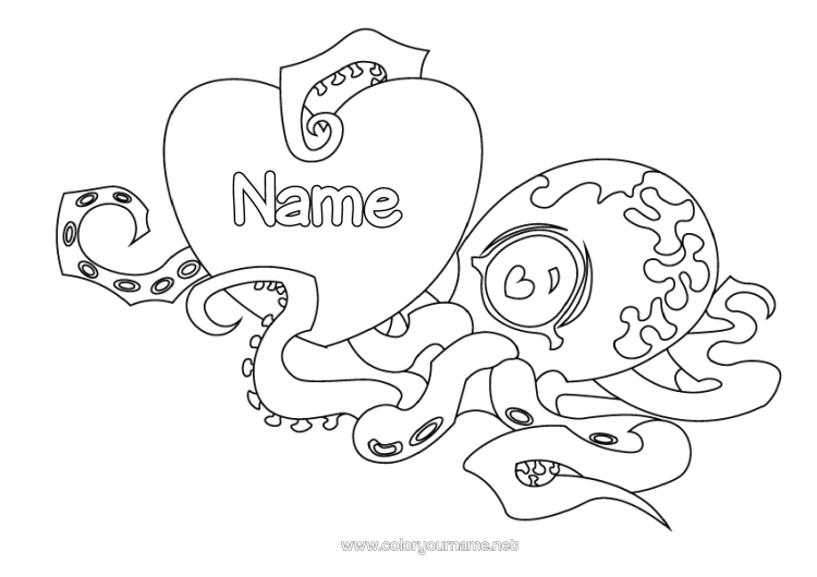 Colouring page to print Heart Animal Big Heart Marine Or Aquatic Animals Octopus