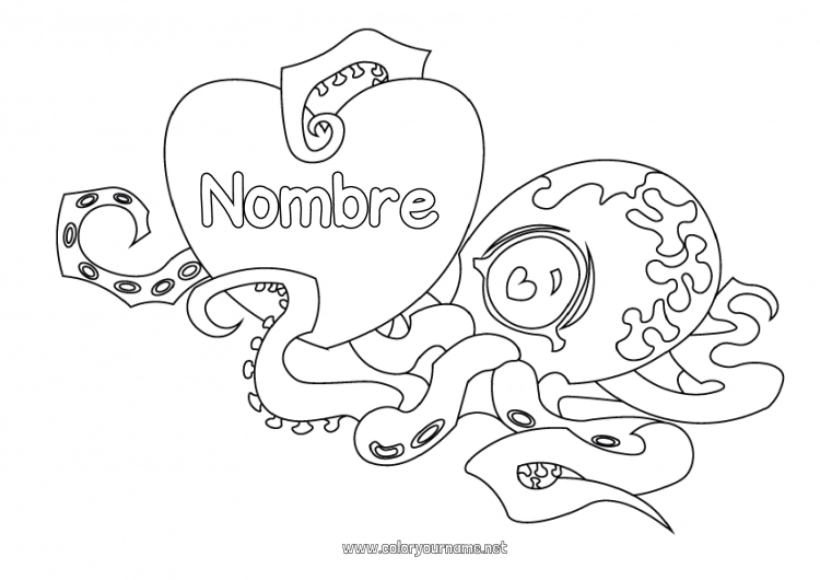 Dibujo para colorear para imprimir Corazón Animales Gran corazón Animales marinos o acuáticos Pulpo