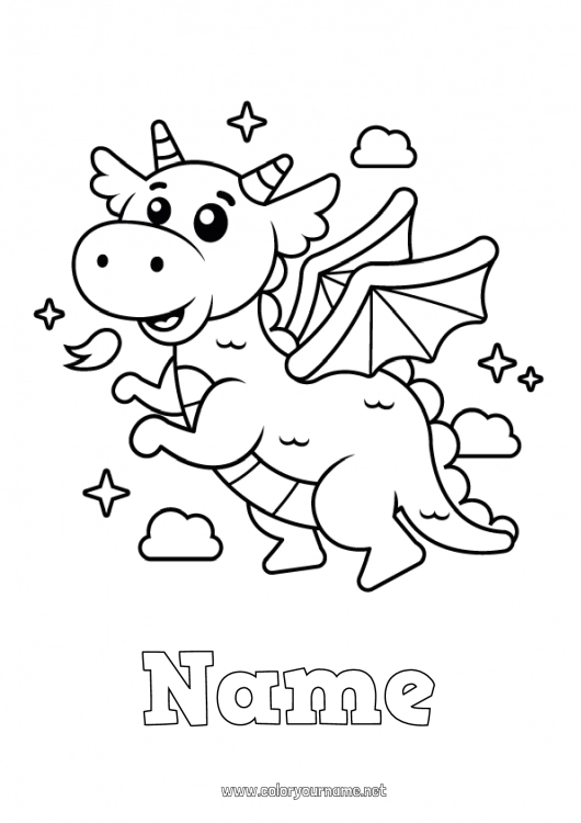 Coloring page to print Kawaii Dragon Easy coloring pages Dragons, unicorns and fantastic animals