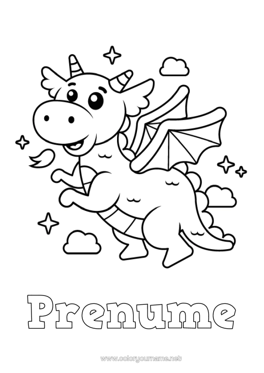Pagină de colorat de imprimat Drăguț Dragon Animal Desene de colorat ușoare Dragoni, unicorni și animale fantastice