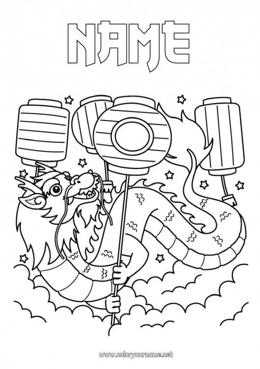 Coloring page to print Dragon Chinese New Year Chinese lantern Dragons, unicorns and fantastic animals