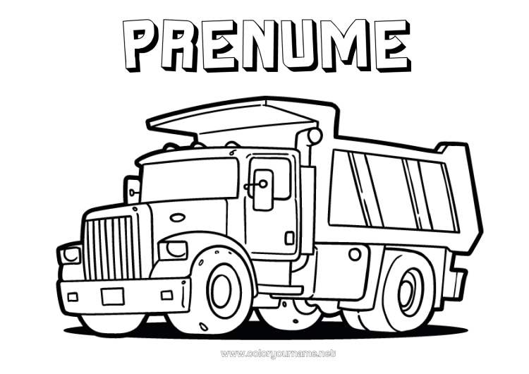 Pagină de colorat de imprimat Camion Vehicule Camioane și vehicule utilitare Meserii de șantier Meserii în transport Camion cu benă