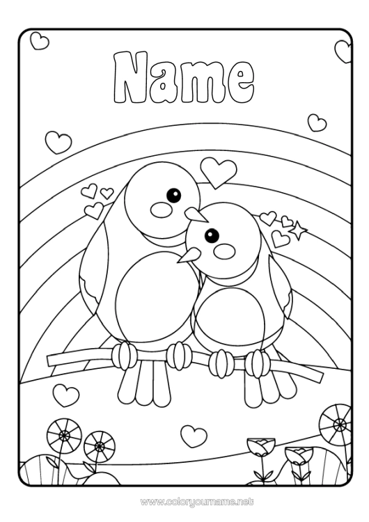 Colouring page to print Heart Mum Bird Animal Rainbow Birds And Flying Mammals Couple Hug