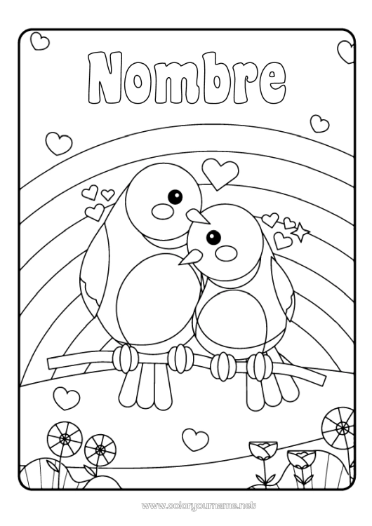 Dibujo para colorear para imprimir Corazón Mamá Pájaro Arcoíris Aves y mamíferos voladores Pareja