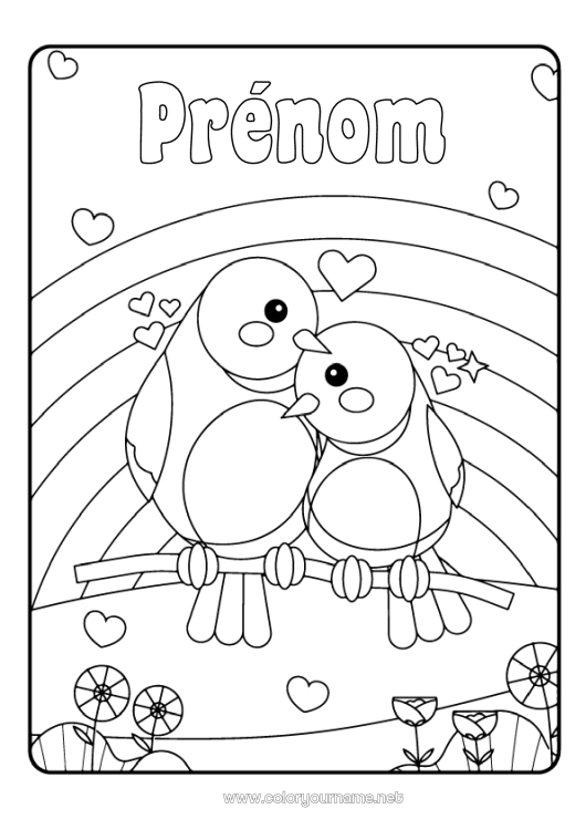 Coloriage à imprimer Coeur Maman Oiseau Arc en ciel Oiseaux et mammifères volants Couple