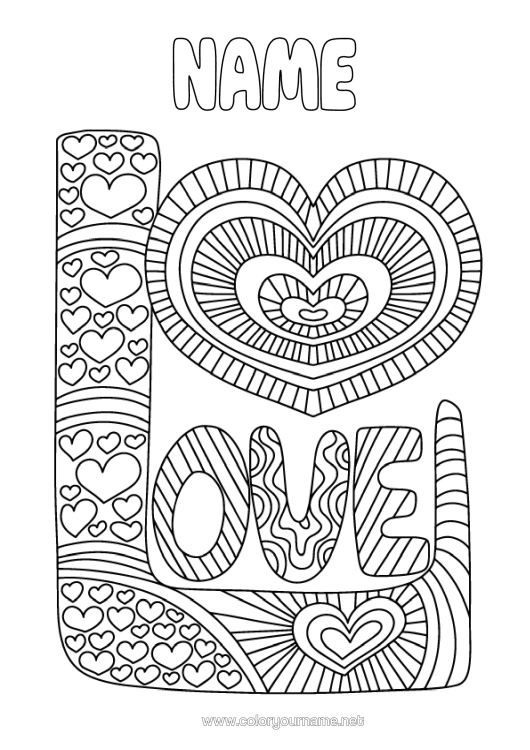 Colouring page to print I Love You. Valentine's Day "Love" Message Zentangle