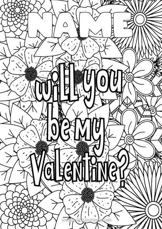 Colouring page to print Flowers Valentine's Day "Saint Valentine's Day" Message