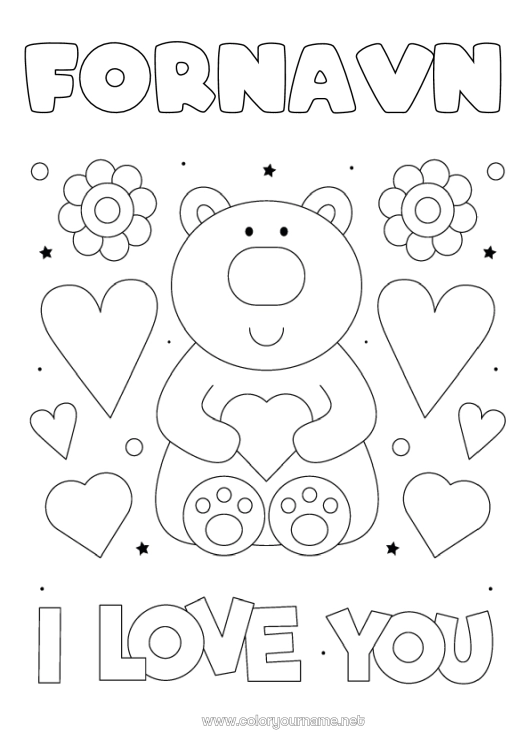 Farvelægningssiden til udskrivning Bjørn Jeg elsker dig. Bjørneunge Valentinsdag Skovens dyr