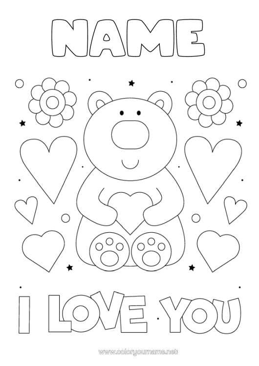 Colouring page to print Bear I Love You. Teddy Bear Valentine's Day Forest Animals