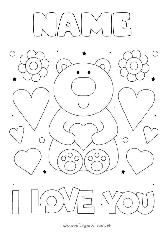 Coloring page to print Bear I love you Teddy Bear Valentine's Day Forest animals