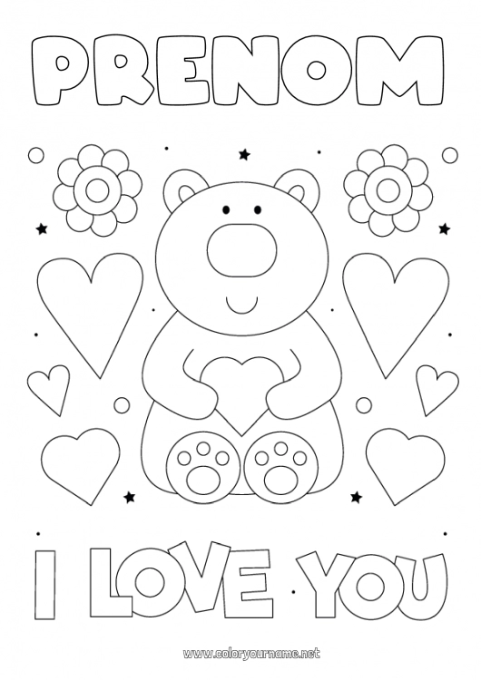 Coloriage à imprimer Ours Je t'aime Ourson Saint valentin Animaux de la forêt