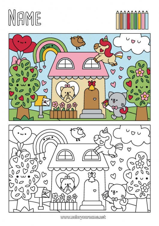 Coloring page to print Heart Cat Kawaii Unicorn House Dog and cat Dragons, unicorns and fantastic animals Coloring with a Model