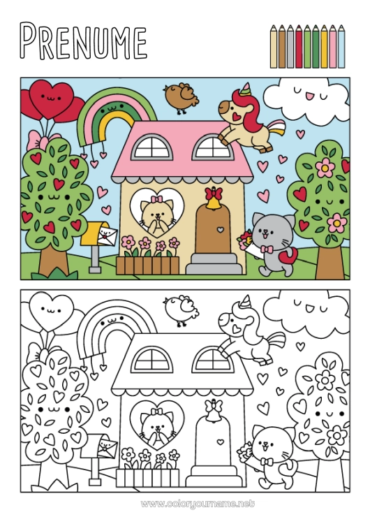 Pagină de colorat de imprimat Inimă Pisică Drăguț Unicornă Casă Câini și pisici Dragoni, unicorni și animale fantastice Colorare cu model