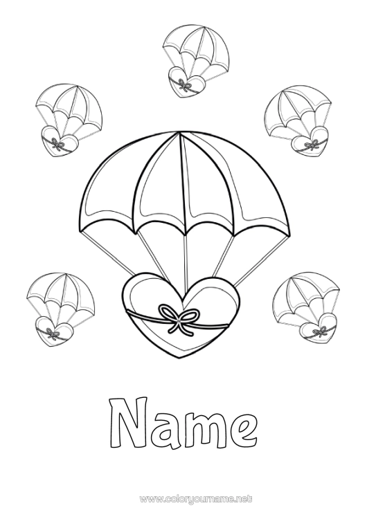 Colouring page to print Heart I Love You. Valentine's Day Parachute