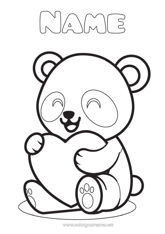 Colouring page to print Cute Heart Cute Animal Panda Other Animals Of The World