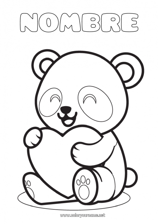 Dibujo para colorear para imprimir Lindo Corazón Kawaii Panda Otros animales del mundo