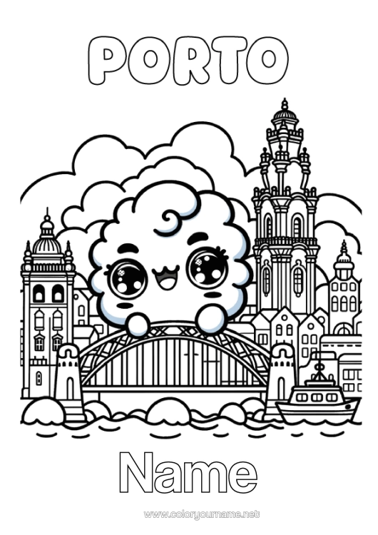 Colouring page to print Cityscape Bridge Portugal