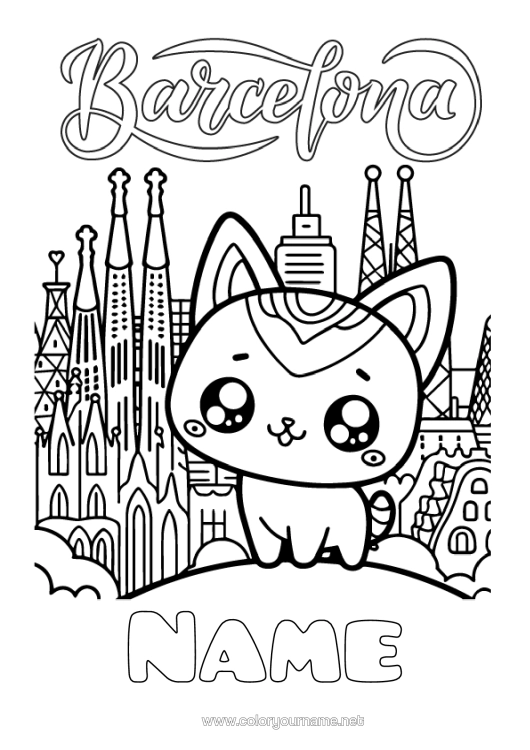 Colouring page to print Cat Cute Spain Dogs And Cats Cityscape Barcelona