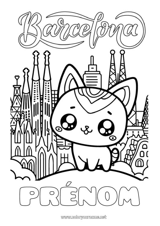 Coloriage à imprimer Chat Kawaii Espagne Chiens et chats Paysage de ville