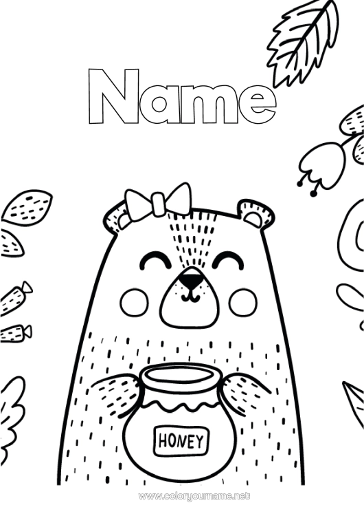 Colouring page to print Bear Cute Happy Birthday I Love You. Animal Teddy Bear Forest Animals Honey