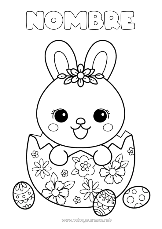 Dibujo para colorear para imprimir Lindo Kawaii Conejo Huevos de Pascua Pascua de Resurrección Animales del bosque