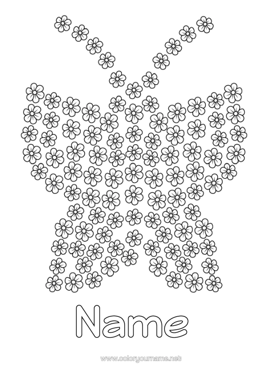 Colouring page to print Flowers Butterfly Animal Insects