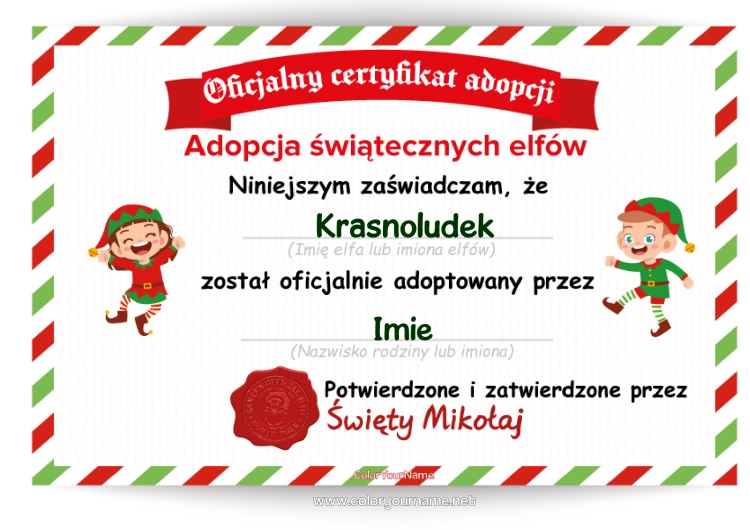 Kolorowanka do wydruku Świąteczne Skrzaty Listy Psotnych Skrzatów Oficjalna Adopcja Świątecznego Elfa Dokumenty Tożsamości Lutin Farceur