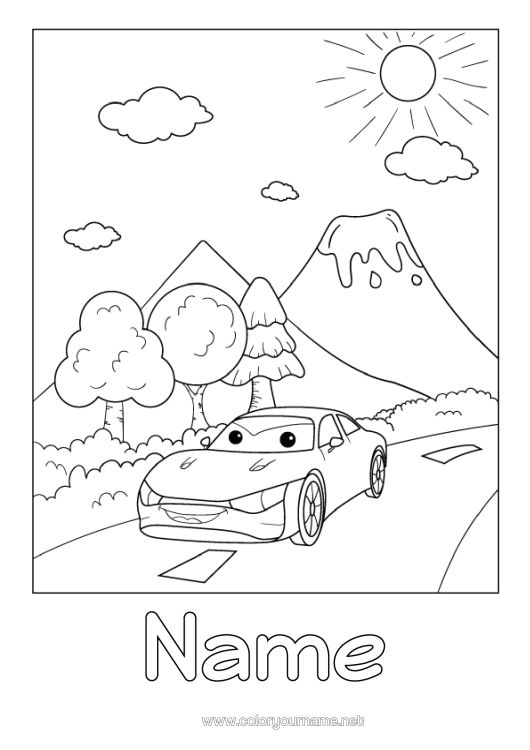 Colouring page to print Vehicles Volcano Car Cars, Vans And Motorhomes Cartoon Cartoon Character Vehicles