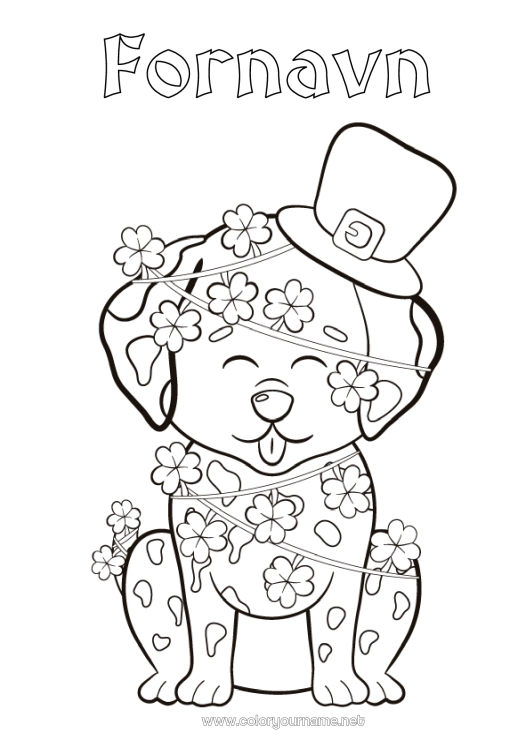 Fargeleggingssiden til utskrift Hund Dyr Klover St. Patricks festdag Hatt Hunder og katter
