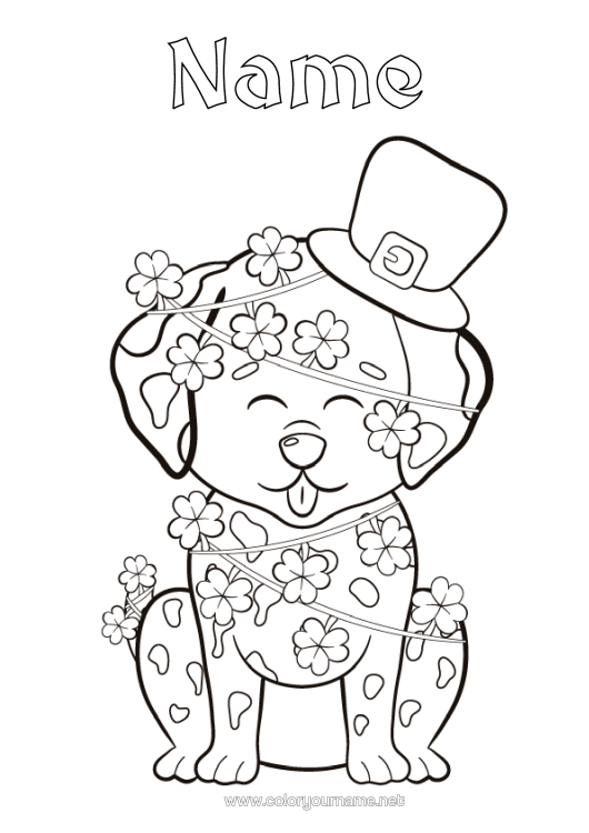 Colouring page to print Dog Animal Clover St Patrick's Day Hat Dogs And Cats