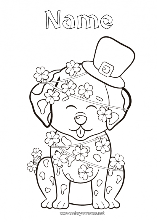 Coloring page to print Dog Clover Saint Patrick's Day Hat Dog and cat