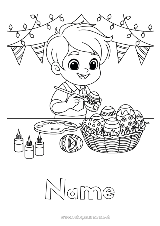 Coloring page to print Boy Easter eggs Basket Paint