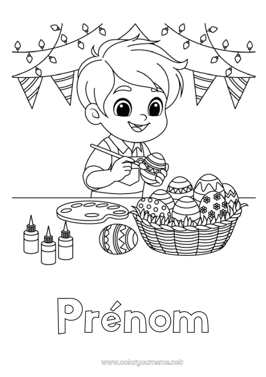 Coloriage à imprimer Garçon Oeufs de Pâques Panier Peinture