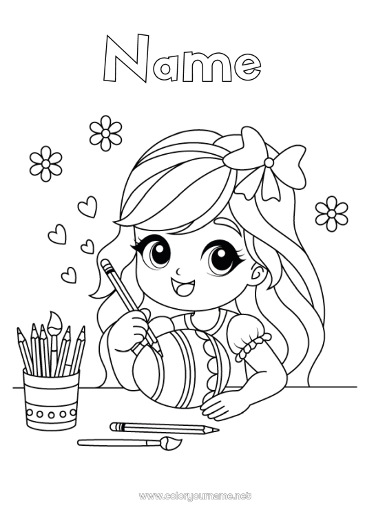 Coloring page to print Art Girl Easter eggs Easter Paint