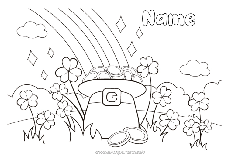 Colouring page to print Fortune Clover St Patrick's Day Rainbow Hat Rooms