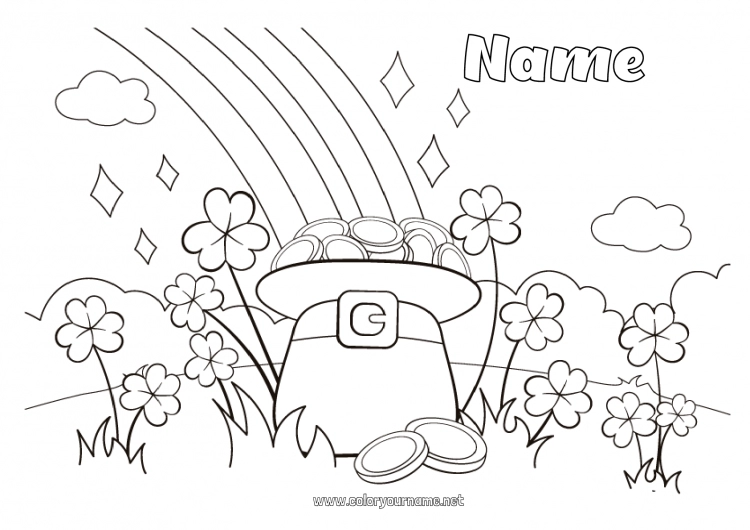 Coloring page to print Luck Clover Saint Patrick's Day Rainbow Hat Currency coins