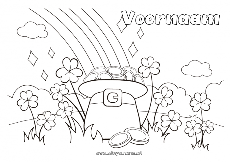 Kleurplaat om af te drukken Geluk Klaver Saint Patrick's Day Regenboog Hoed Stukken