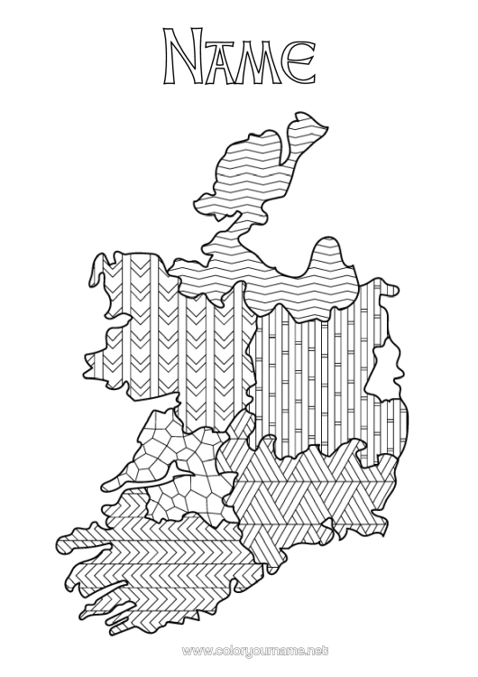 Colouring page to print Geography Ireland Zentangle Country Map Of Countries