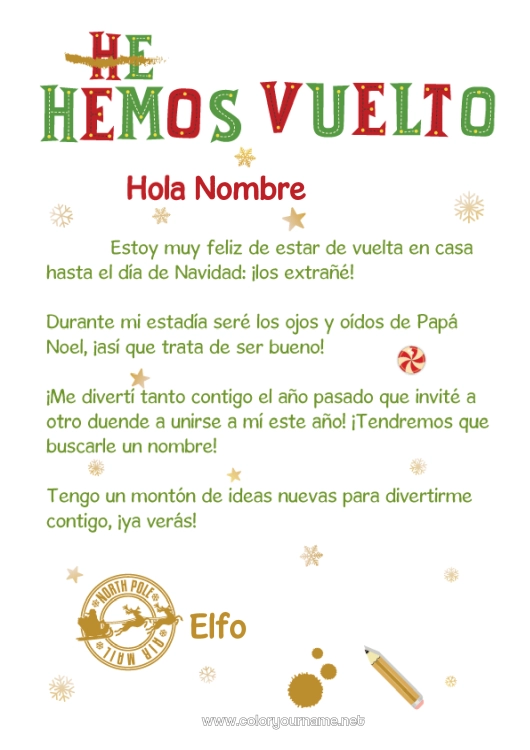 Dibujo para colorear para imprimir Elfos de navidad Cartas de elfos bromistas Carta de Llegada del Elfo