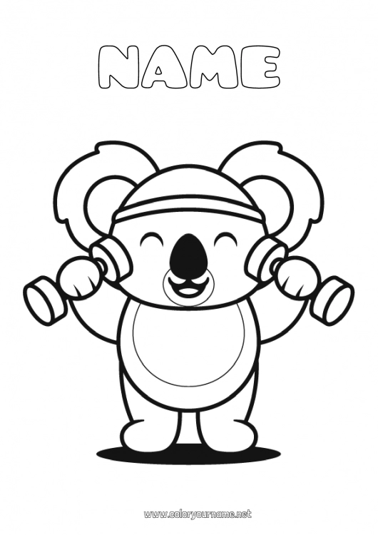 Coloring page to print Cute Sport Kawaii Animal Koala Other animals of the world Other sports