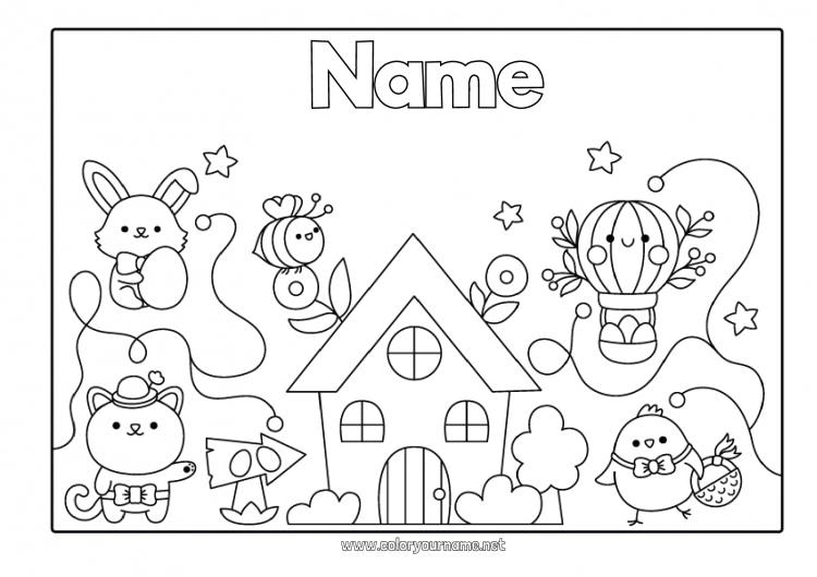 Coloring page to print Kawaii Chick Bunny Easter House Farm animals Forest animals