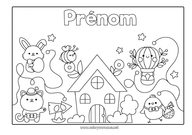 Coloriage à imprimer Kawaii Poussin Lapin Pâques Maison Animaux de la ferme Animaux de la forêt