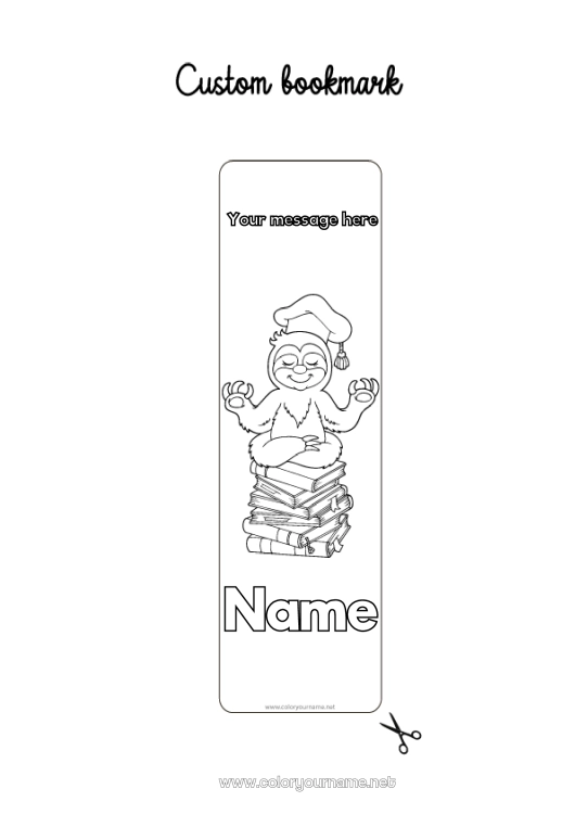 Coloring page to print Bookmark Book Forest animals Reading Sloth