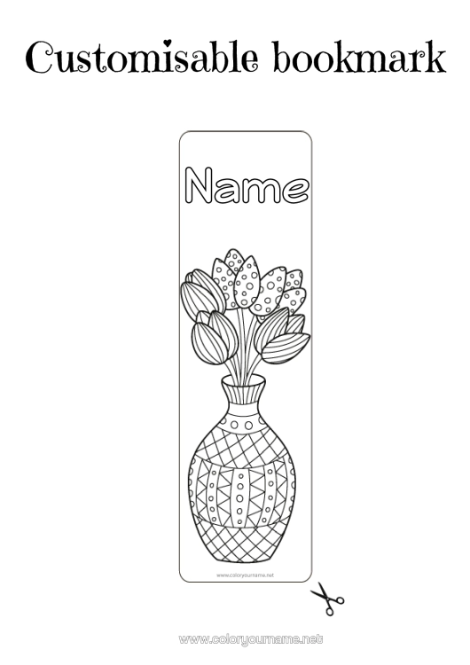 Colouring page to print Flowers Spring Bookmark Vase Tulip Bunch