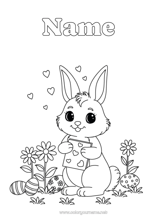 Coloring page to print Flowers Heart Spring Bunny Easter eggs Easter Forest animals