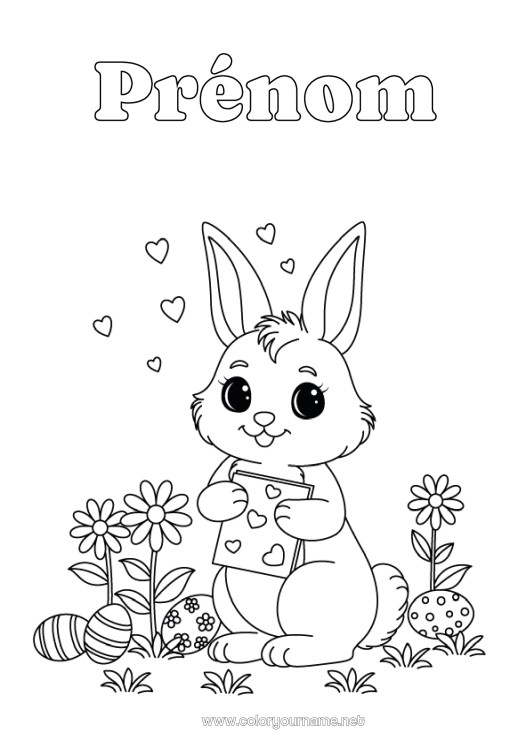 Coloriage à imprimer Fleurs Coeur Printemps Lapin Oeufs de Pâques Pâques Animaux de la forêt