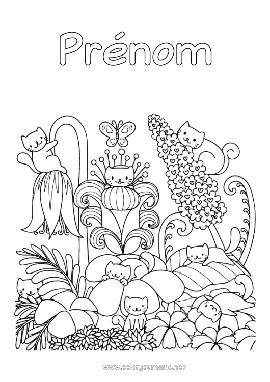 Coloriage à imprimer Fleurs Chat Kawaii Printemps Animal Chiens et chats