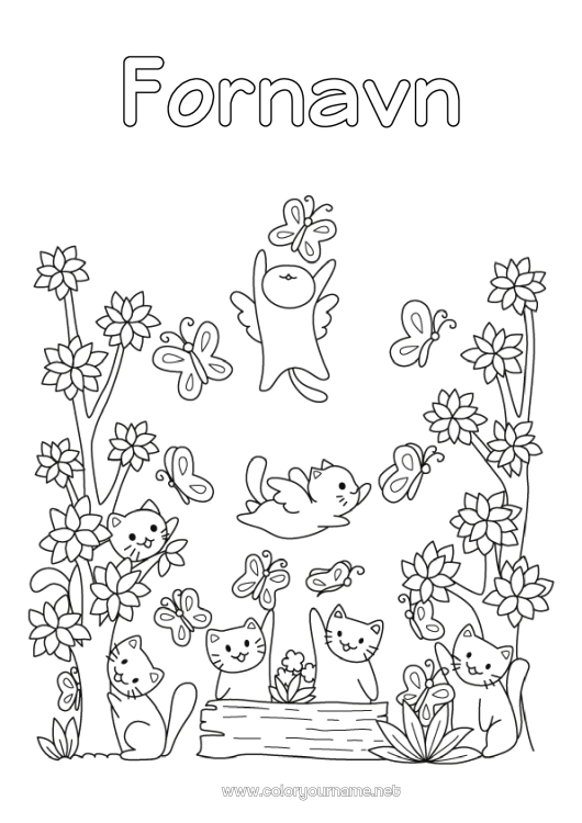 Farvelægningssiden til udskrivning Blomster Kat Kawaii Forår Dyr Hunde og katte