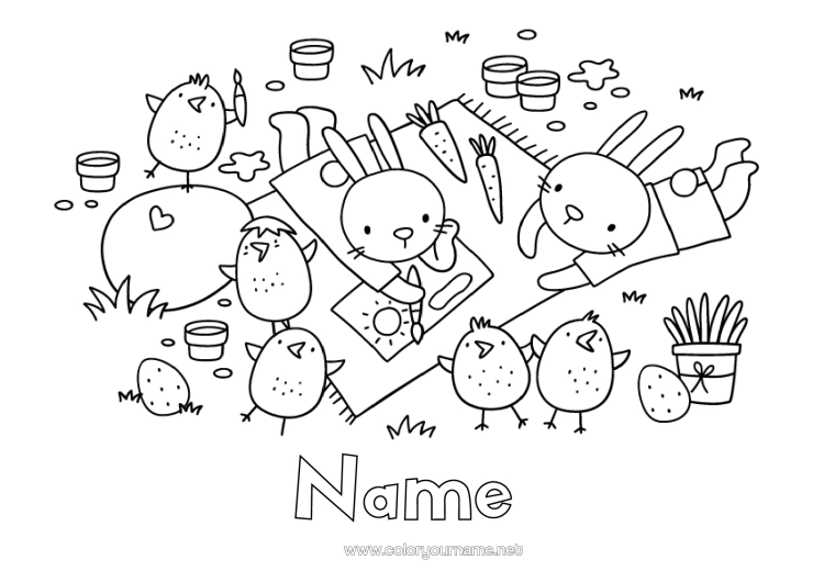 Colouring page to print Spring Chick Rabbit Easter Eggs Easter Farm Animals Forest Animals Picnic Easter Painted Eggs